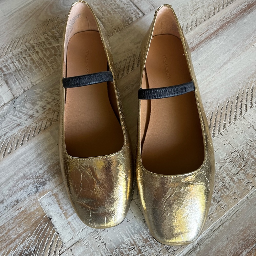 Madewell Gold Leather Mary Jane Flats
